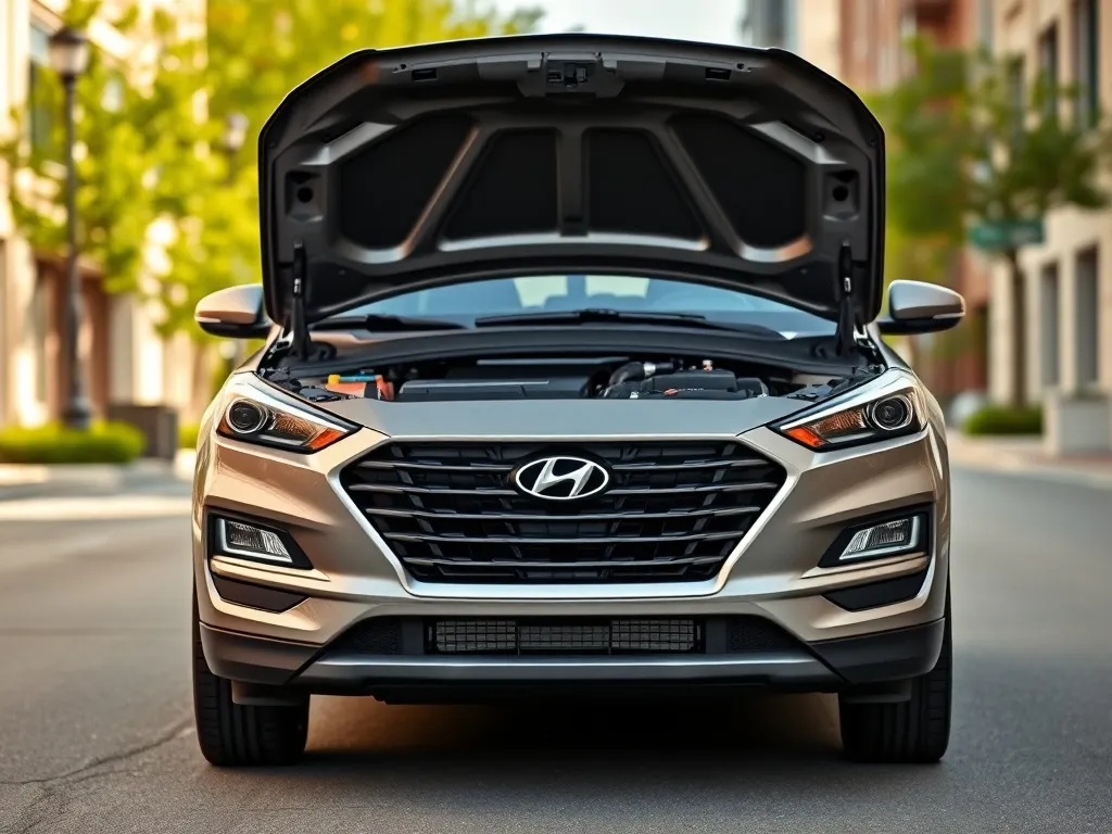 Hyundai Tucson z otwartą maską na miejskiej ulicy, podkreślający wybór silnika i przegląd komory silnikowej