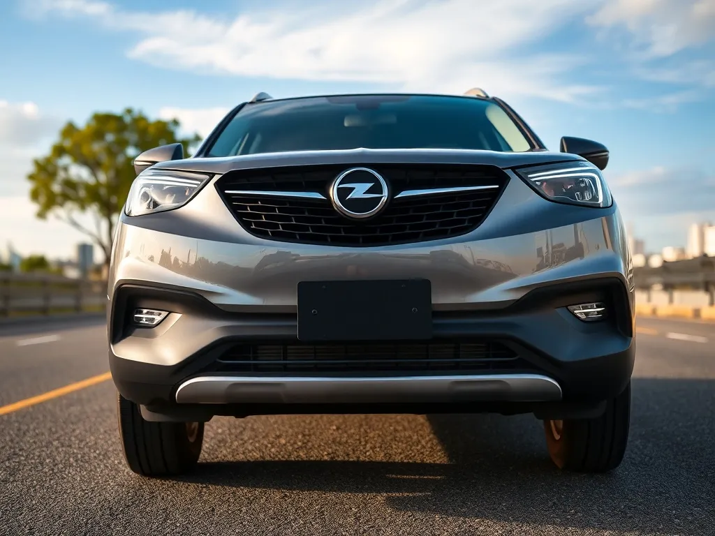 Opel Grandland X z przodu na jasnej ulicy miejskiej, eksponujący grille i reflektory w słoneczny dzień