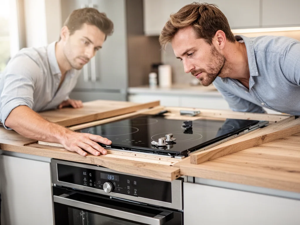 Mężczyzna montuje czarną płytę indukcyjną w drewnianym blacie kuchennym nad piekarnikiem.