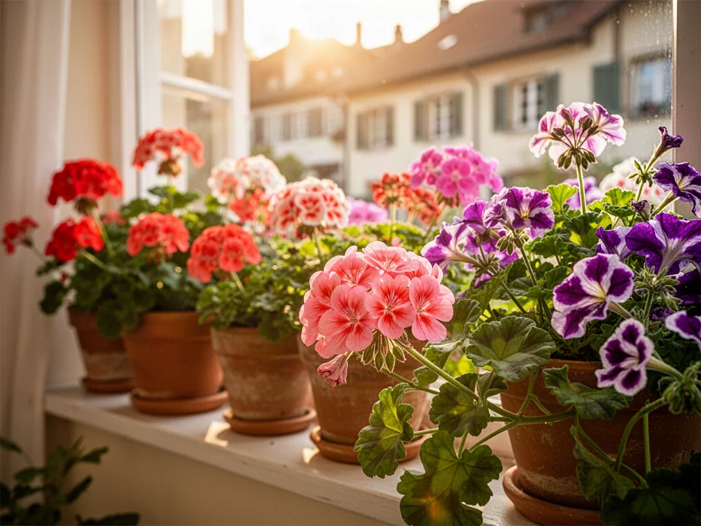 Słoneczny parapet zewnętrzny z kolorowymi pelargoniami i petuniami w terakotowych donicach.