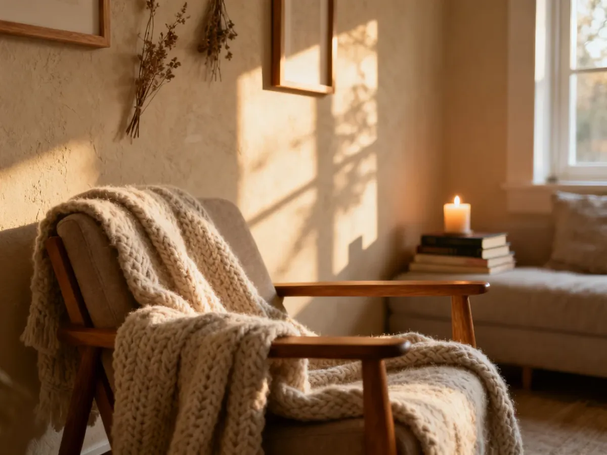 Przytulny salon w stylu hygge z beżową ścianą ozdobioną drewnianymi ramkami, suszonymi roślinami i miękkim kocem.