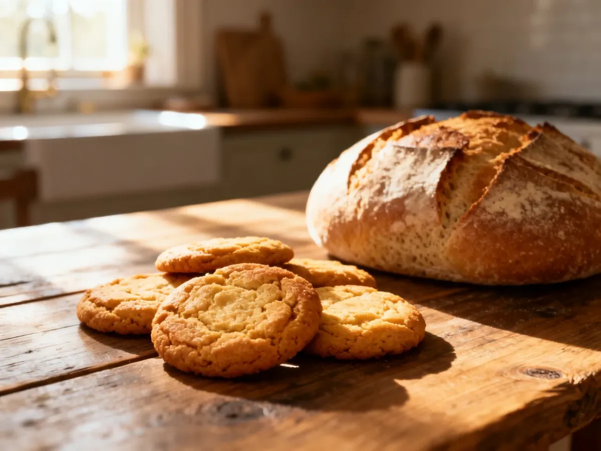 Świeżo upieczone ciasteczka i bochenek chleba na drewnianym stole w przytulnej kuchni.