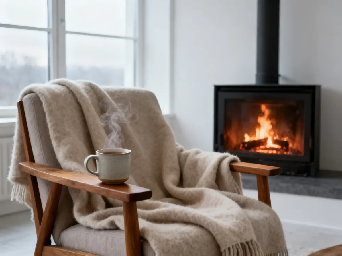 Przytulny salon w stylu hygge z drewnianym fotelem, ciepłym kocem, parującą herbatą i kominkiem w neutralnych barwach.