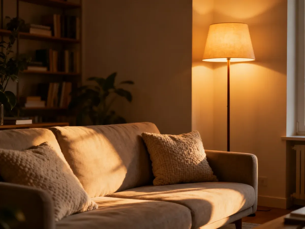 Przytulny salon z wygodną sofą, miękkimi poduszkami i ciepłym oświetleniem, tworzący atmosferę relaksu i domowego spokoju.