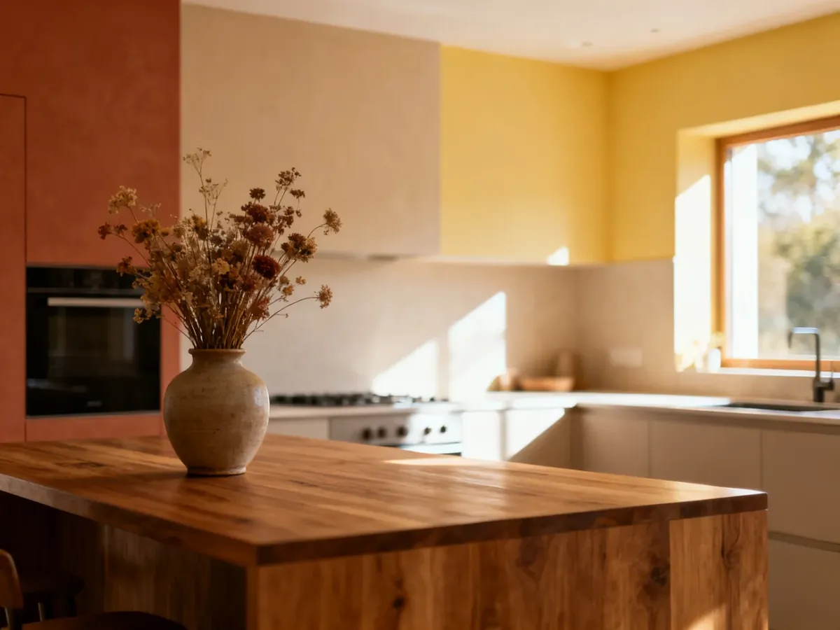 Nowoczesna kuchnia w ciepłych odcieniach beżu i terakoty z drewnianą wyspą, tworząca przytulną i słoneczną atmosferę.
