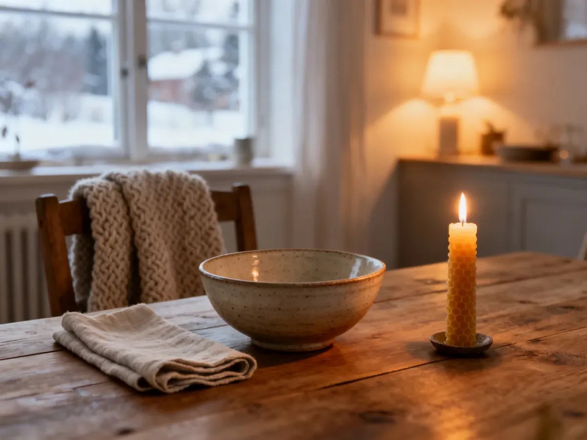 Przytulne nakrycie stołu w stylu hygge z ceramiczną misą, lnianą serwetką i świecą na tle zimowego, skandynawskiego wnętrza.