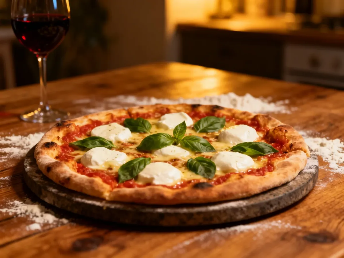 Domowa pizza z roztopioną mozzarellą i bazylią na drewnianym stole w przytulnej kuchni przy ciepłym, wieczornym świetle.