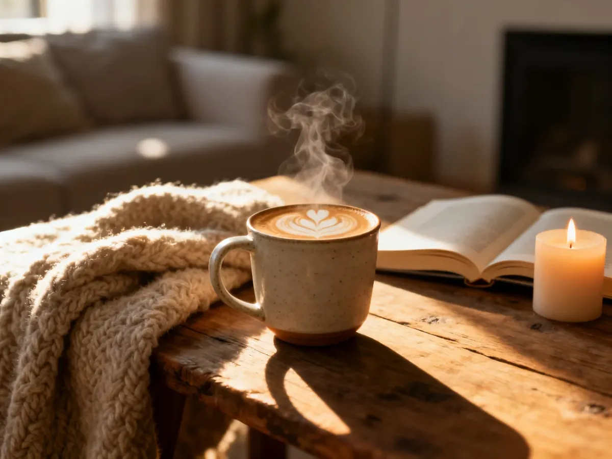Parujący kubek kawy, otwarta książka i ciepły koc na drewnianym stole, tworzące przytulną atmosferę w stylu hygge.