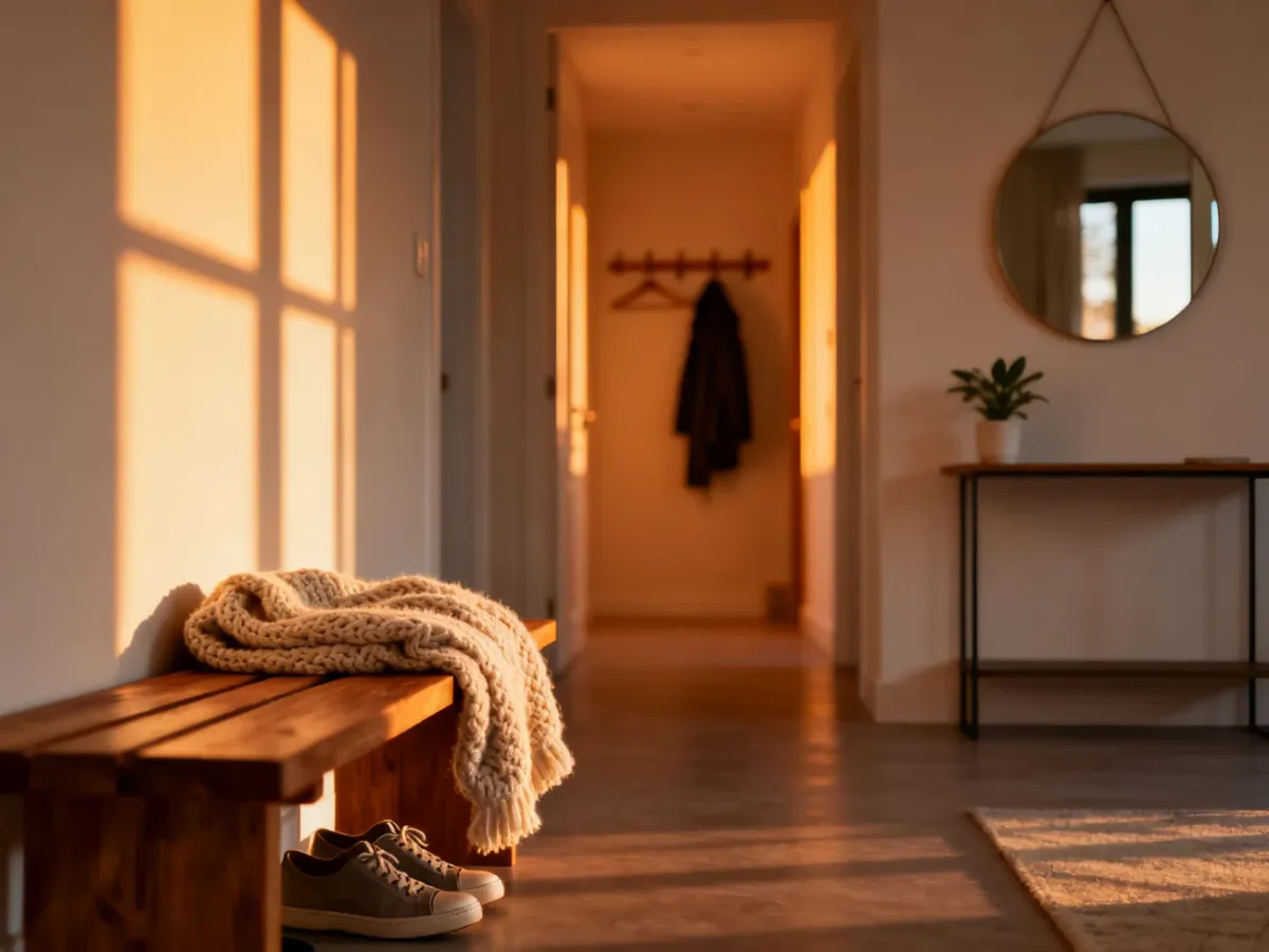 Przytulny przedpokój z drewnianą ławką, miękkim kocem i ciepłym oświetleniem w stylu golden hour.