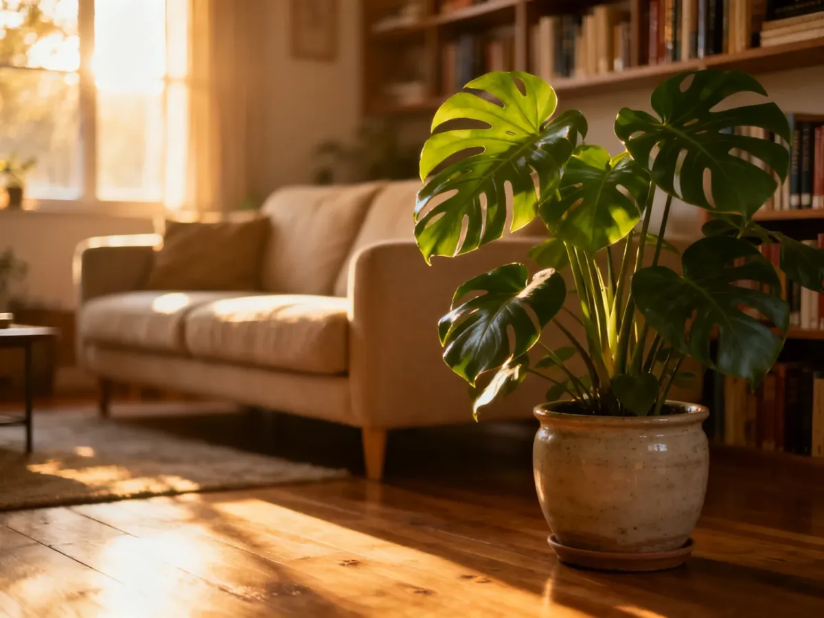 Bujna monstera w ceramicznej doniczce na drewnianej podłodze, tworząca przytulny klimat w słonecznym salonie.