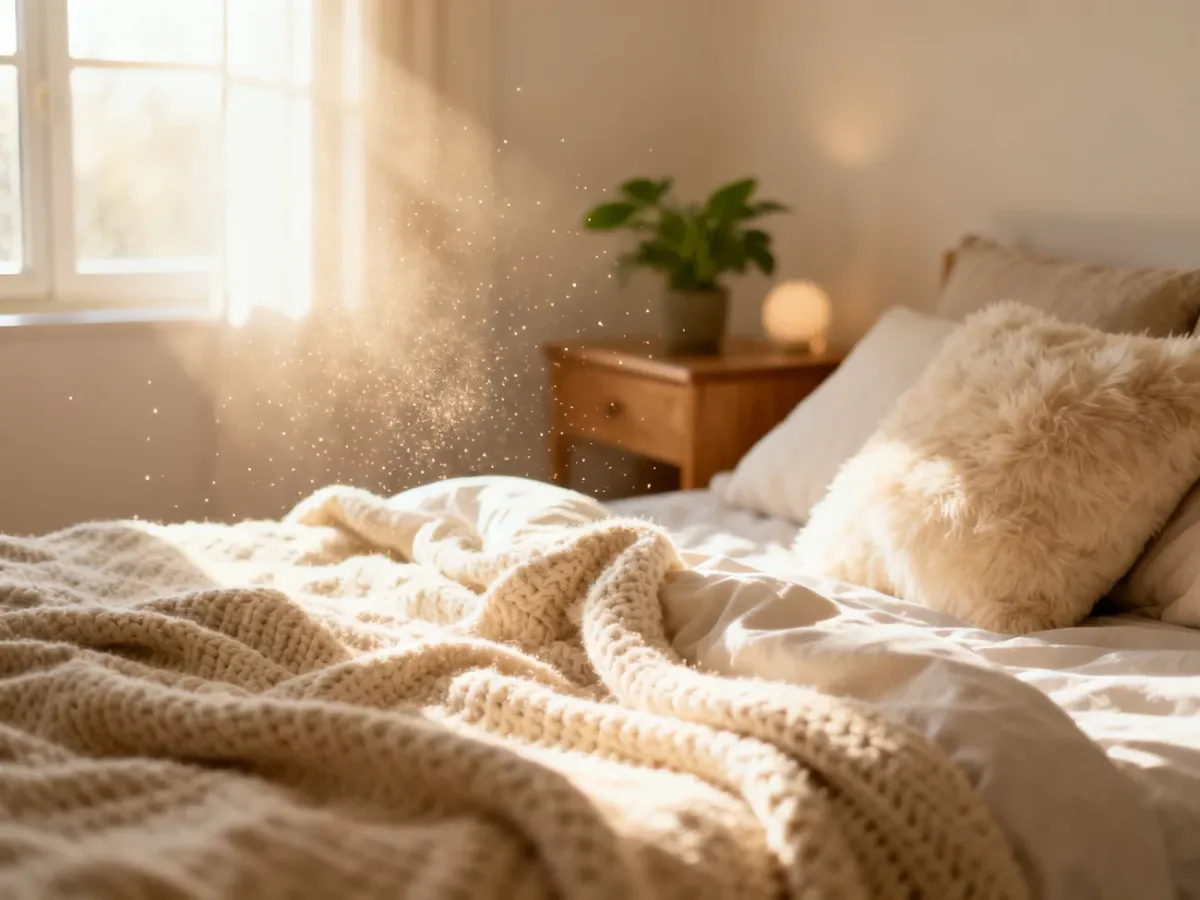 Przytulna sypialnia z miękką pościelą i ciepłym światłem poranka, tworząca atmosferę relaksu i domowego komfortu.