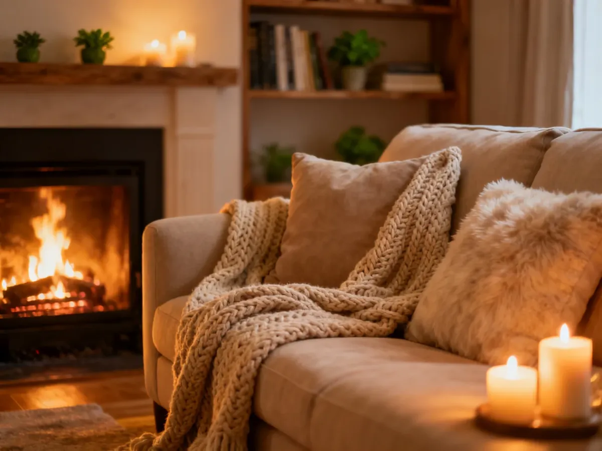 Przytulny salon z beżową sofą, miękkimi kocami i ciepłym światłem kominka, tworzący atmosferę relaksu i domowego ciepła.