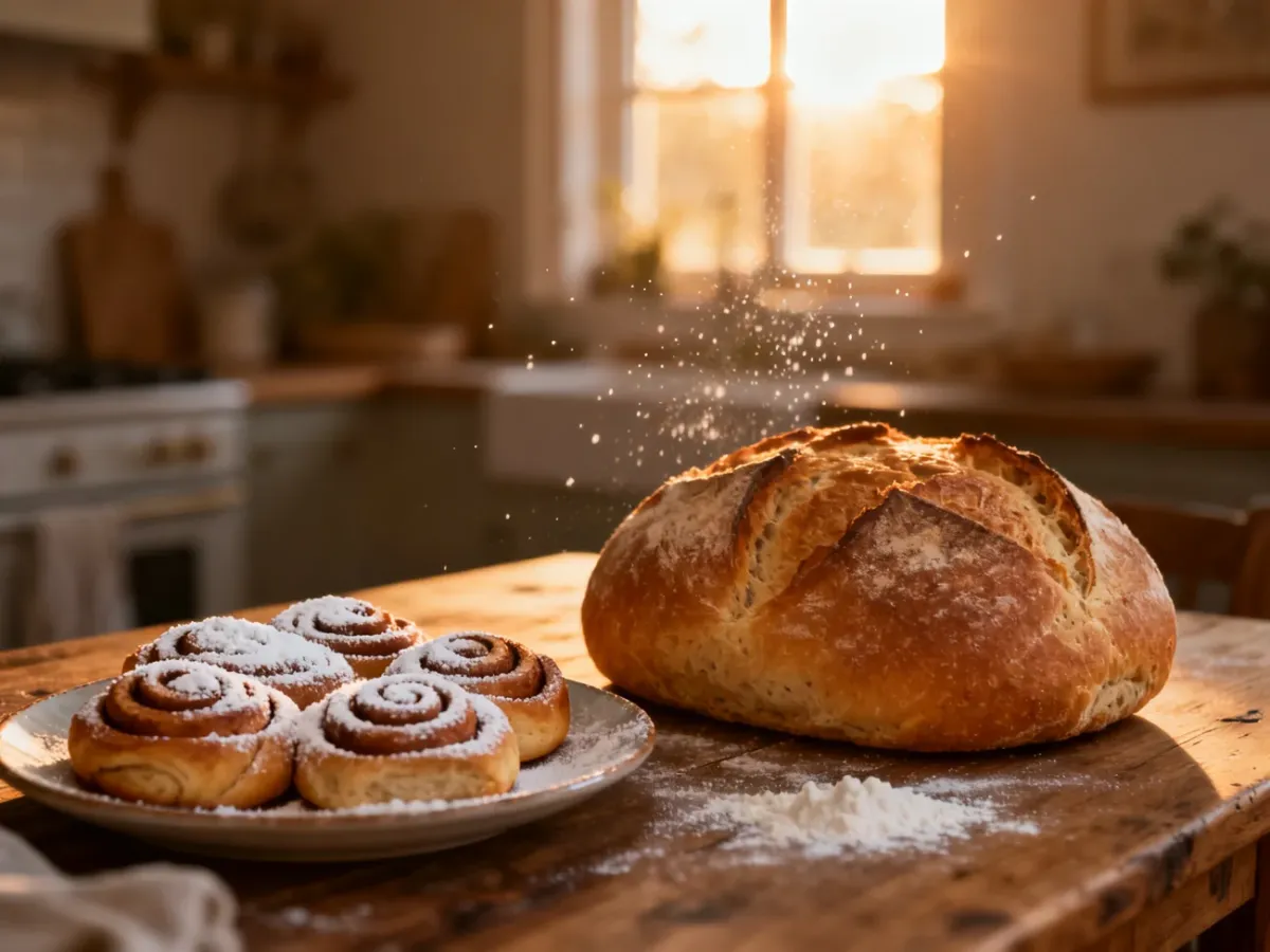 Świeży bochenek chleba na zakwasie oraz cynamonki na drewnianym stole w przytulnej, słonecznej kuchni.