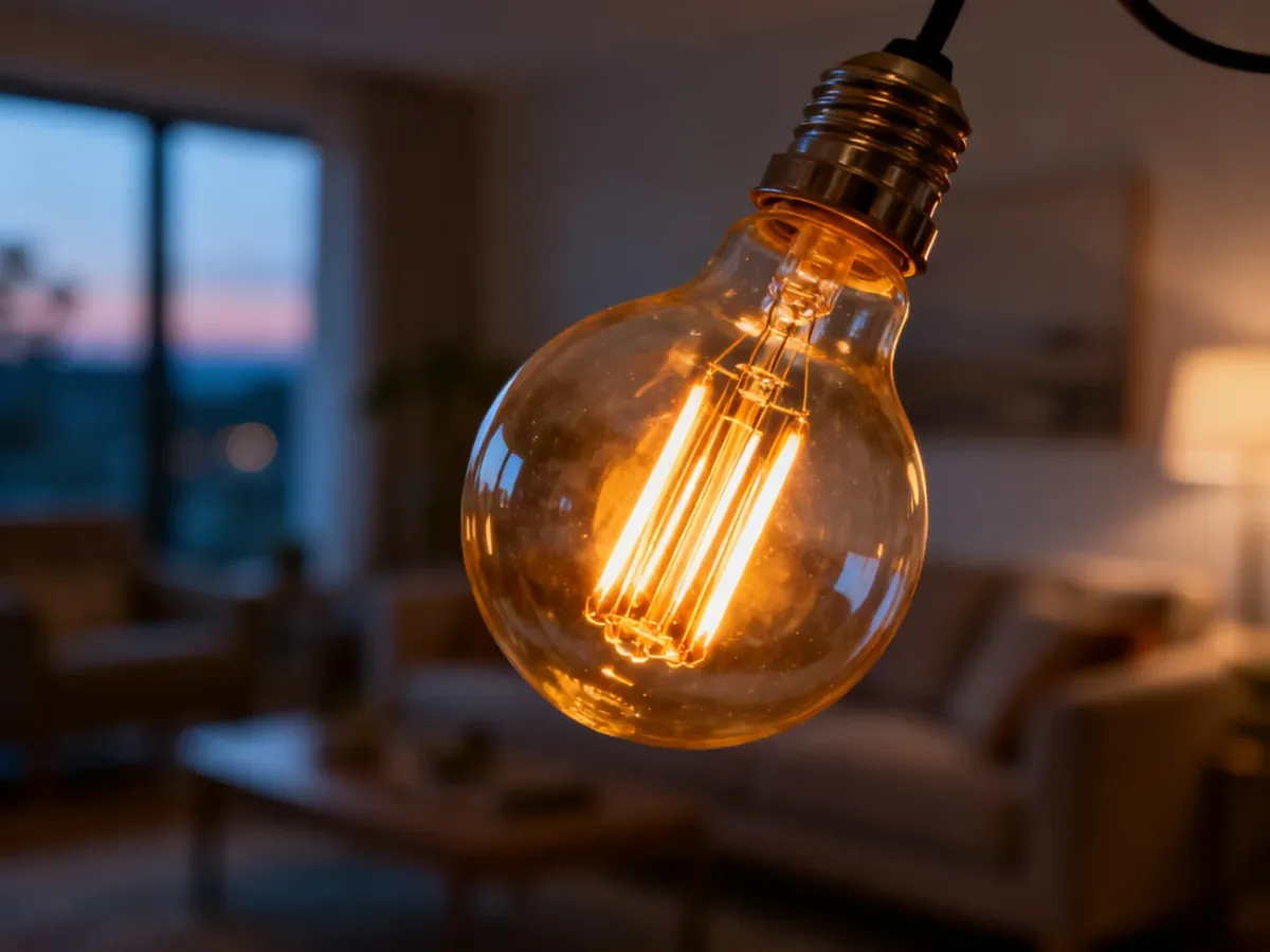 Włączona żarówka typu Edison o ciepłym, bursztynowym świetle, tworząca przytulną atmosferę w salonie.
